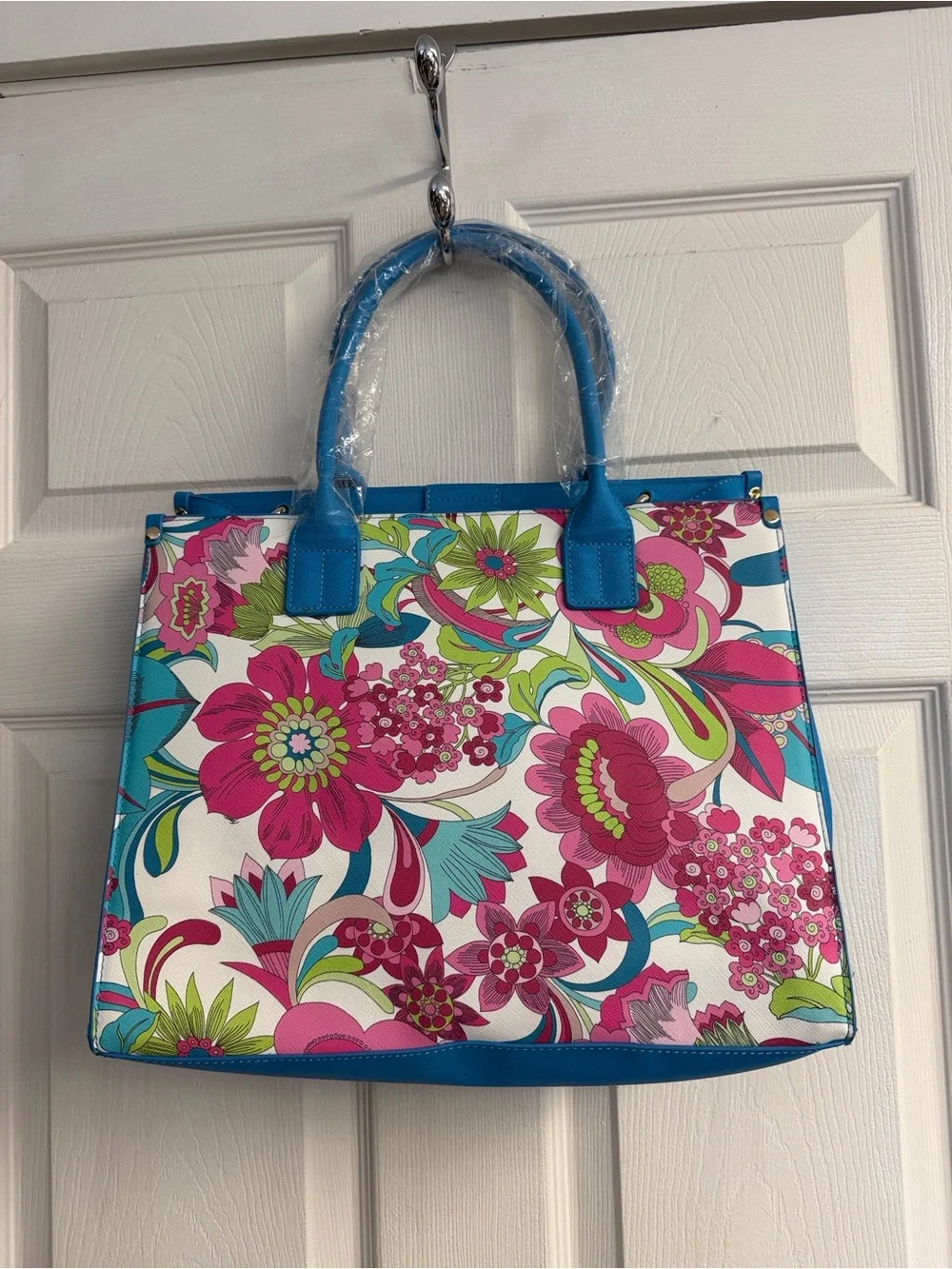 Trina Turk Multicolor Floral Tote with Blue Trim
